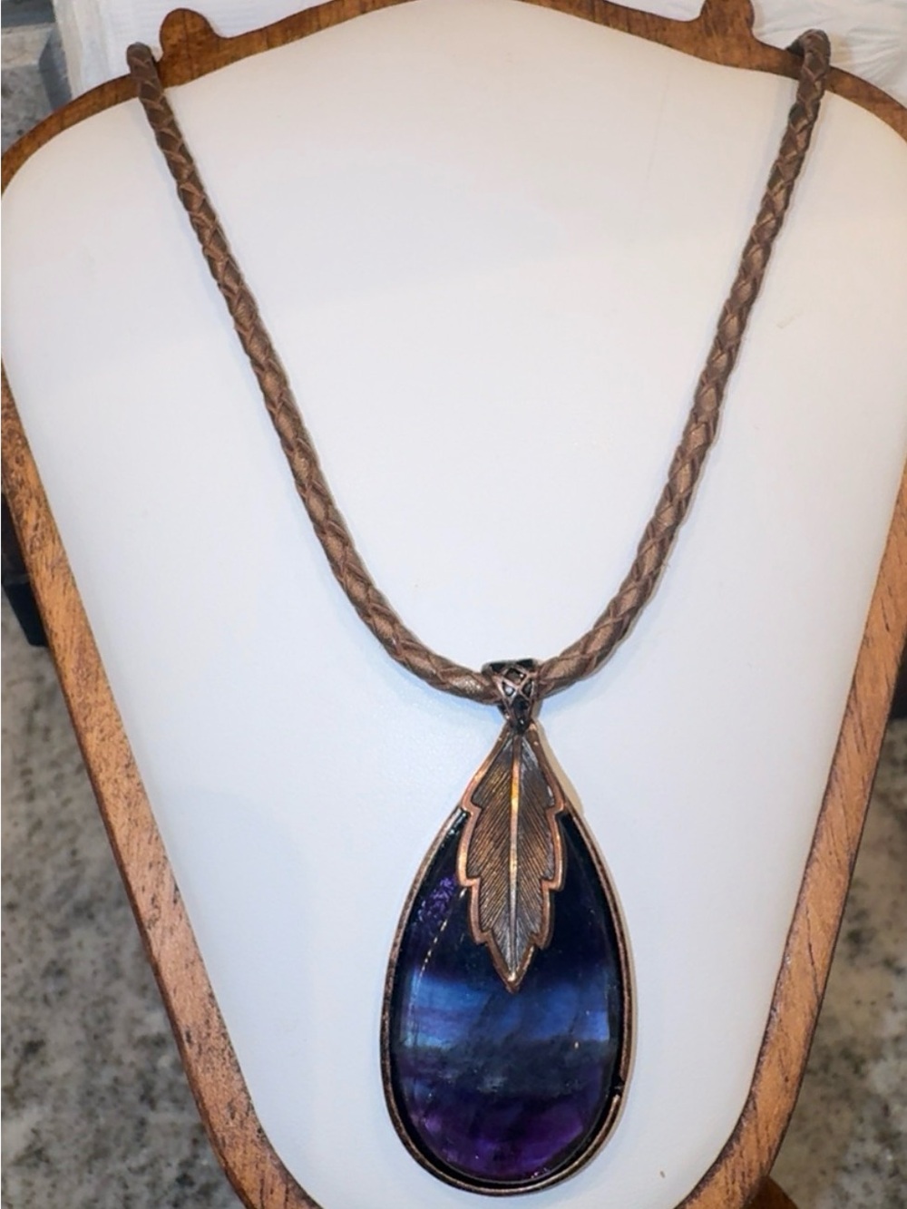 Purple Banded Fluorite Teardrop Pendant Necklace w/Copper Leaf, Leather Cord